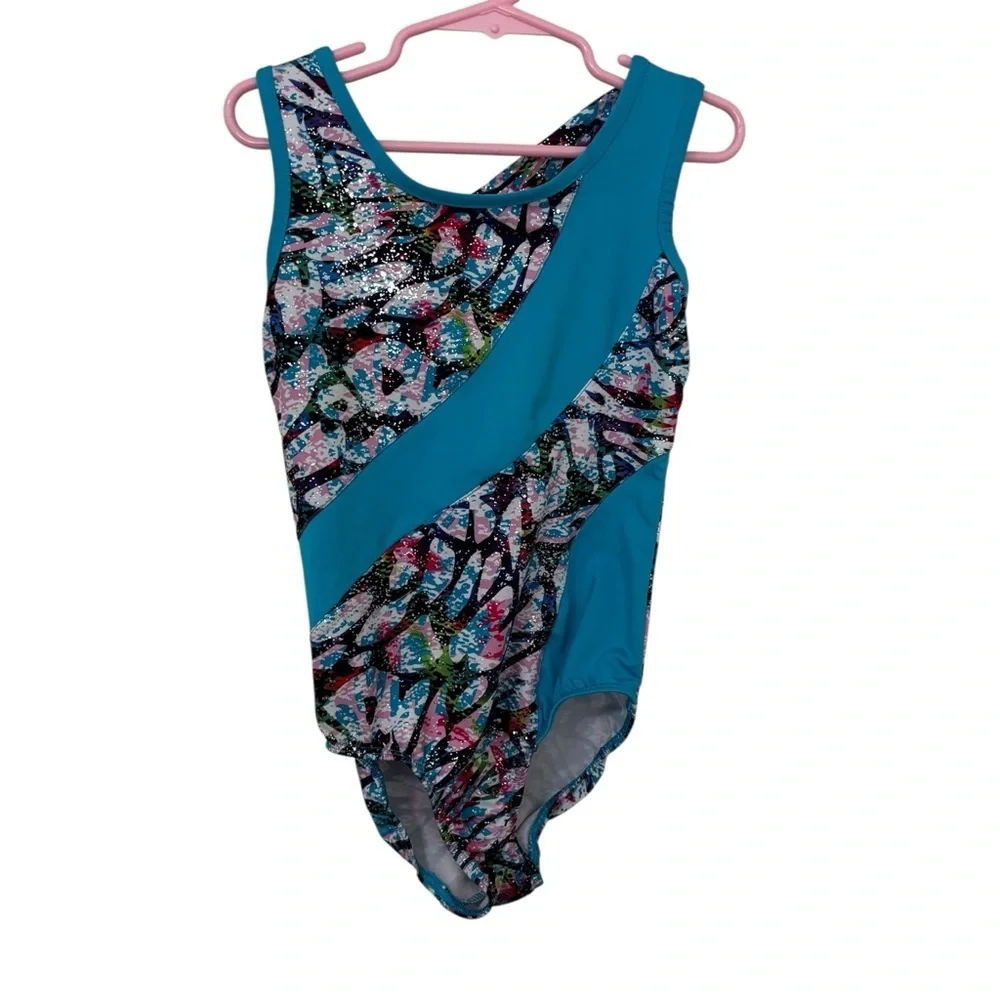 3/$15 Danskin Girls Teal Multi-Color One-Piece leotard gymnastics dance S 6/6X
